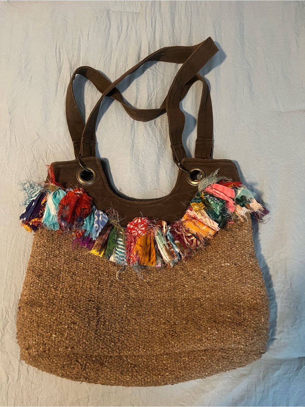 Boho Fringe Brown Tote Bag with Multicolor Trim